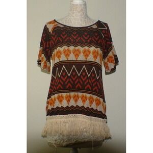 Yahada USA Womens Southwestern Geometric Knit Top Fringe Boho Brown Orange Small